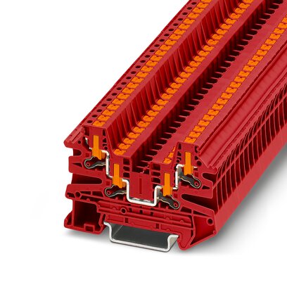 Phoenix Contact Multi-Conductor Terminal Block; PTV 2.5-QUATTRO RD; 20A; 600V; 1-Level; #26 - #12; Push-In - Horizontal Entry Connection; Red